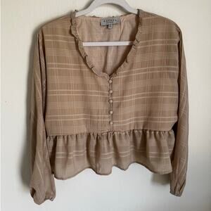 Hayden Women's Peplum Long-Sleeve Blouse Brown Beige Size Small Fall‎ Boho